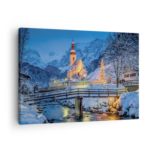Obraz na plátne - Zimná krajina s kostolom, mostom a horami za súmraku - 70x50cm - Duch Vianoc - Moderná nástenná dekorácia do obývacej izby a spálne ARTTOR