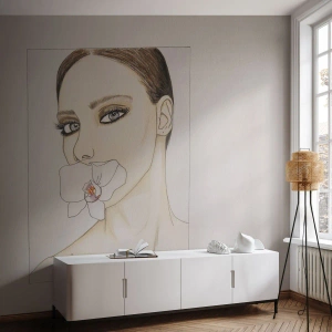 Fototapeta Standard Eco - Žena s orchideou v ústach v minimalistickej skici. - 100x70cm - Symbol elegancie a krásy - Moderná nástenná dekorácia do obývacej izby a spálne ARTTOR