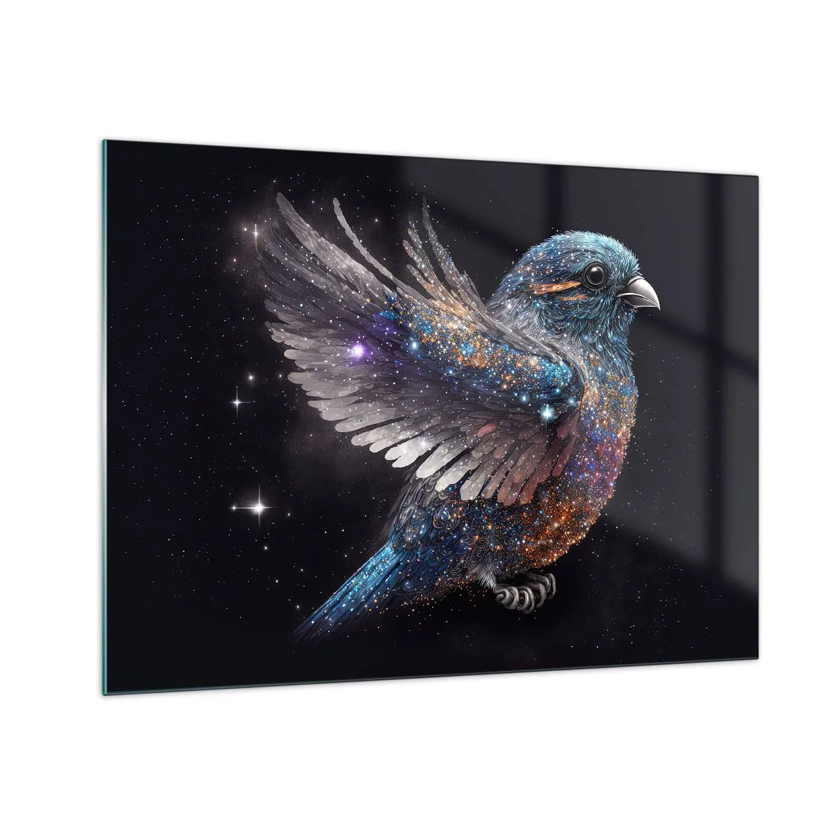 Obraz na skle - Vesmírny vrabec s diamantovým trblietaním - 70x50cm - Diamantový vrabec - Moderná nástenná dekorácia do obývacej izby a spálne ARTTOR