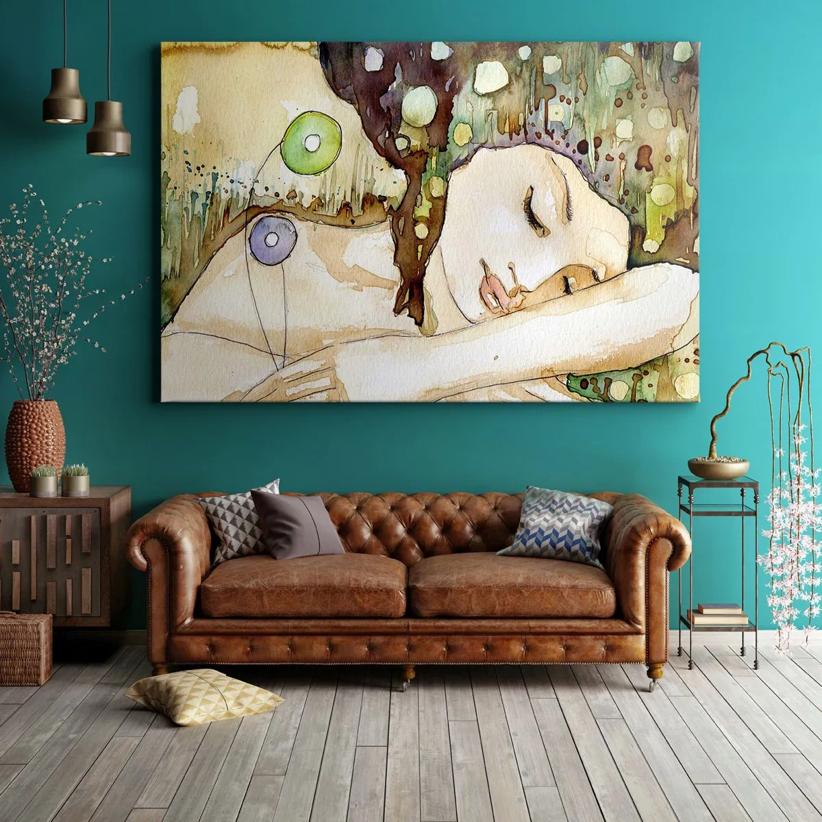 Obraz na plátne - Žena snívajúca obklopená abstraktnými tvarmi a farbami. - 70x50cm - Smaragdovo-fialový sen - Moderná nástenná dekorácia do obývacej izby a spálne ARTTOR