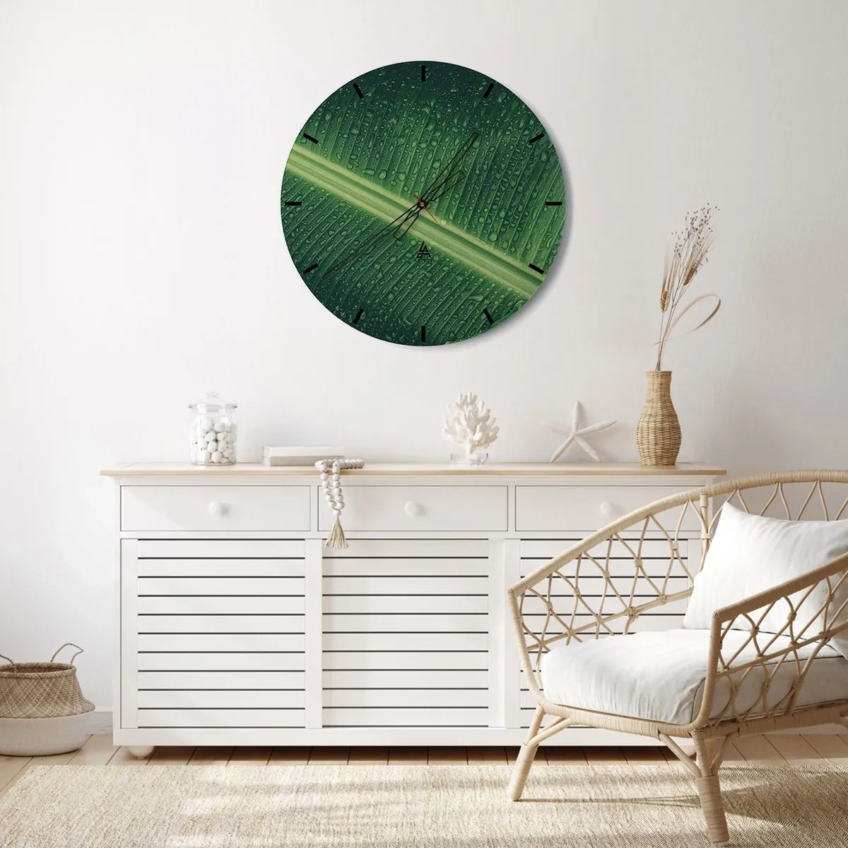 Nástenné hodiny - Detail listu s kvapkami rosy - 30x30cm - Štruktúra zelenej - Moderná nástenná dekorácia do obývacej izby, kuchyne a spálne ARTTOR