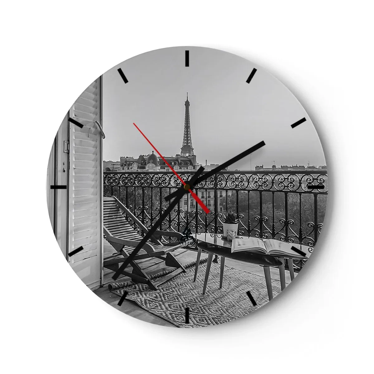 Nástenné hodiny - Pohľad z balkóna Eiffelovej veže v čiernobielej farbe - 30x30cm - Parížske popoludnie - Moderná nástenná dekorácia do obývacej izby, kuchyne a spálne ARTTOR