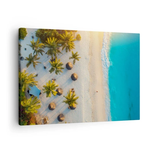 Obraz na plátne - Výhľad na tropickú pláž s palmami a tyrkysovým morom - 70x50cm - Vitaj v raji - Moderná nástenná dekorácia do obývacej izby a spálne ARTTOR