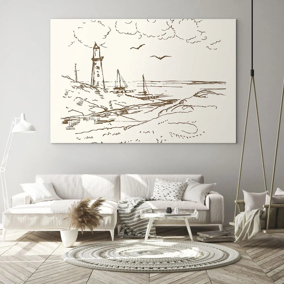 Obraz na skle - Náčrt majáka v prímorskej krajine - 70x50cm - Náčrt letných spomienok - Moderná nástenná dekorácia do obývacej izby a spálne ARTTOR