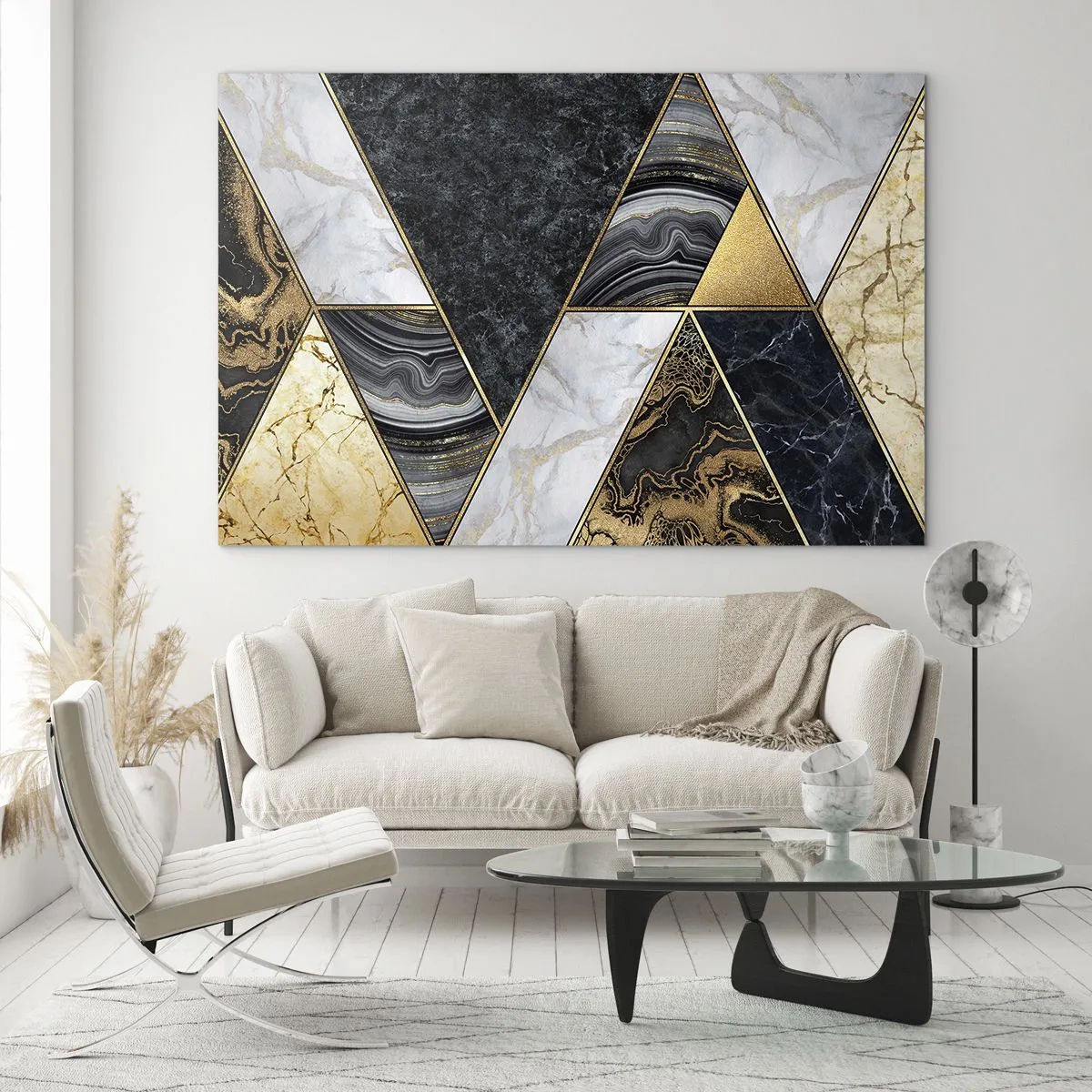 Obraz na skle - Geometrický vzor z mramoru a zlatých trojuholníkov - 70x50cm - Kameň vedľa kameňa - Moderná nástenná dekorácia do obývacej izby a spálne ARTTOR