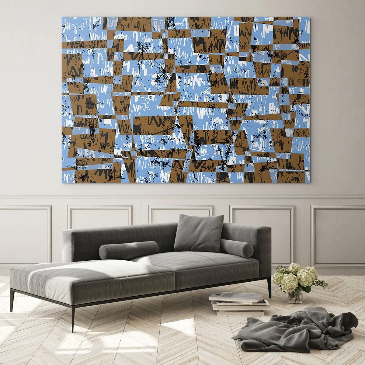 Obraz na skle - Geometrická abstrakcia s odtieňmi modrej a hnedej - 70x50cm - Neľudová vystrihovačka - Moderná nástenná dekorácia do obývacej izby a spálne ARTTOR
