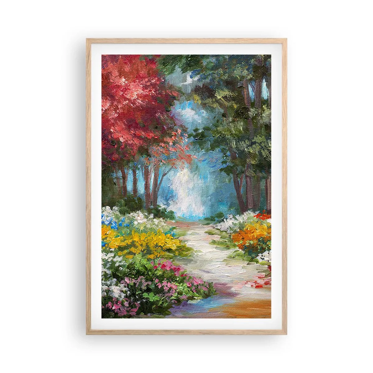 Plagát v ráme zo svetlého duba - Lesná záhrada, kvetinový les - 61x91 cm