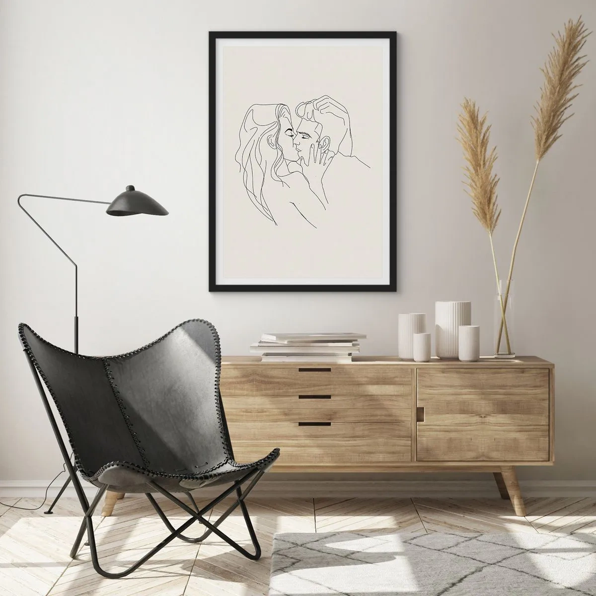 Plagát v čiernom ráme - Minimalistická kresba zamilovaného páru jemnými líniami. - 50x70cm - Zamotaní citom - Moderná nástenná dekorácia do obývacej izby a spálne ARTTOR