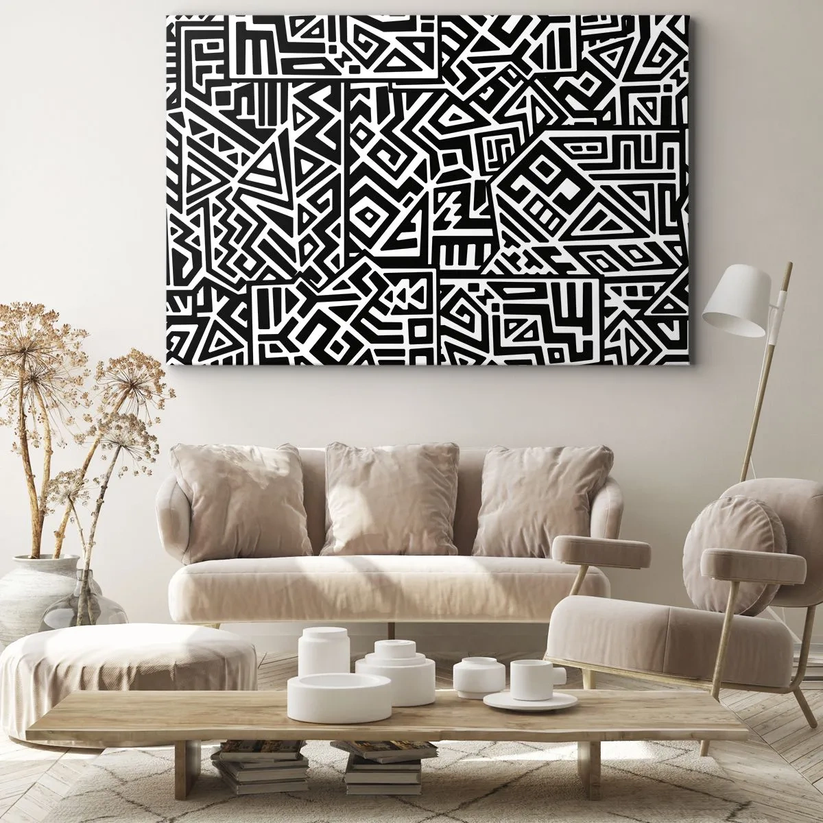 Obraz na plátne - Čiernobiele geometrické vzory inšpirované predkolumbovskou kultúrou - 70x50cm - Predkolumbovská kompozícia - Moderná nástenná dekorácia do obývacej izby a spálne ARTTOR