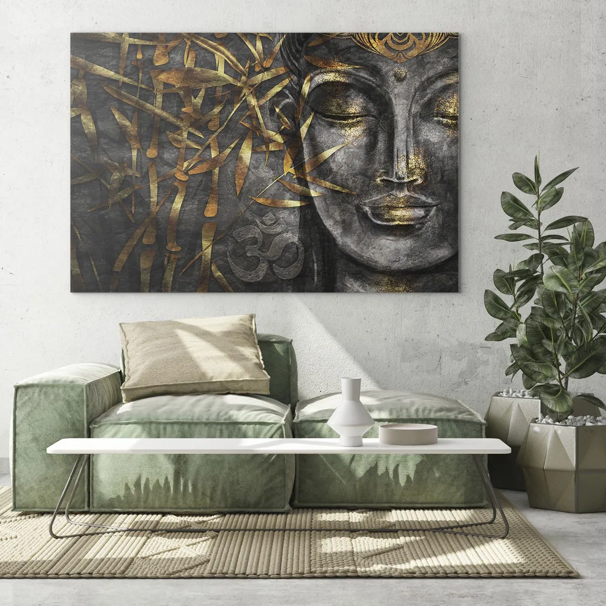 Obraz na skle - Zlatý obraz Budhu na bambusovom pozadí - 70x50cm - Pocíťte pokoj - Moderná nástenná dekorácia do obývacej izby a spálne ARTTOR