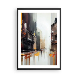 Plagát v čiernom ráme - Abstraktná panoráma mesta v odtieňoch sivej a oranžovej - 50x70cm - Daždivý deň - Moderná nástenná dekorácia do obývacej izby a spálne ARTTOR