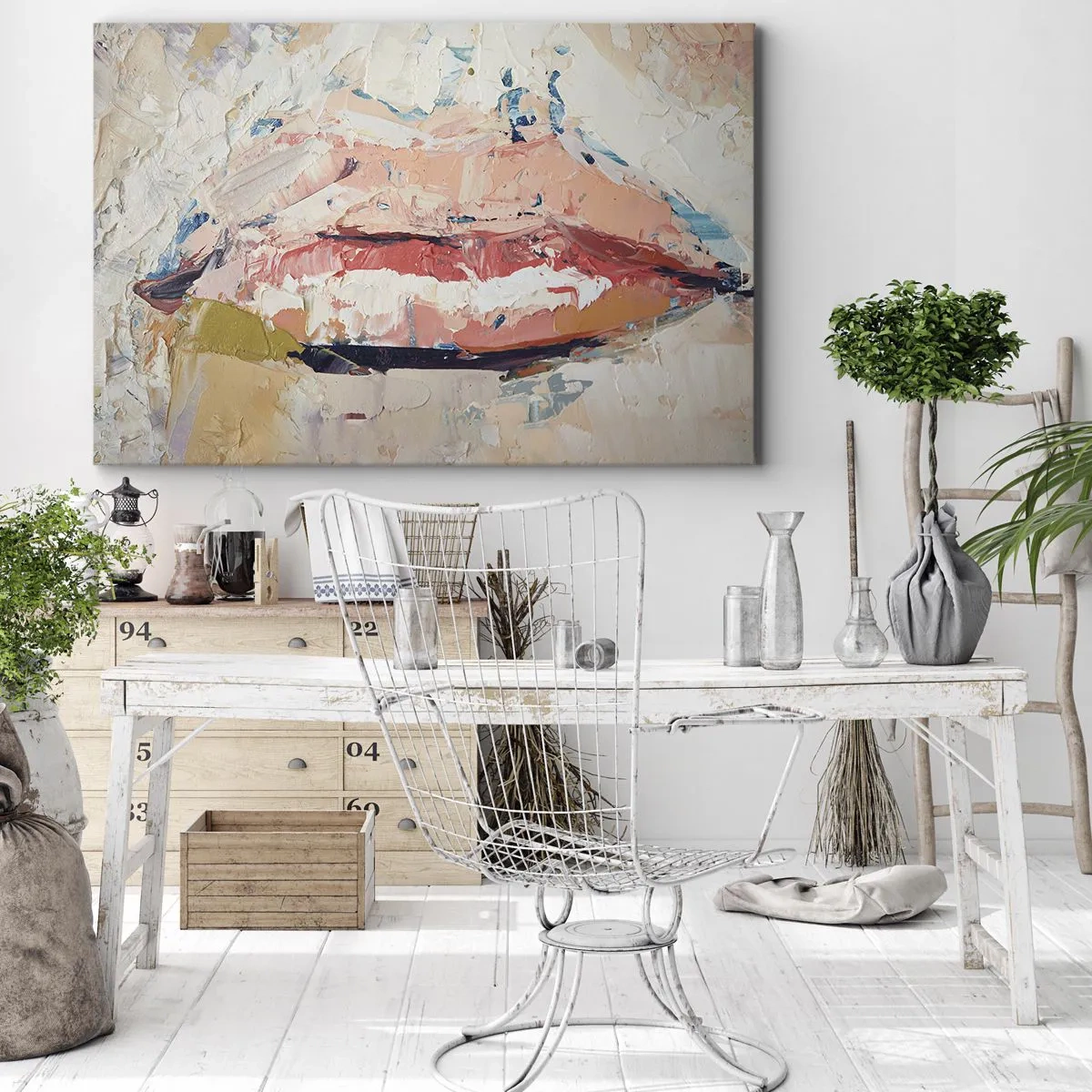 Obraz na plátne - Abstraktná kompozícia zobrazujúca ženské pery v pastelových farbách. - 70x50cm - Prebúdza zmysly - Moderná nástenná dekorácia do obývacej izby a spálne ARTTOR