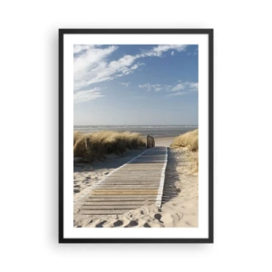 Plagát v čiernom ráme - Plážový chodník cez duny s modrou oblohou - 50x70cm - Za dunou, v šumení trávy - Moderná nástenná dekorácia do obývacej izby a spálne ARTTOR