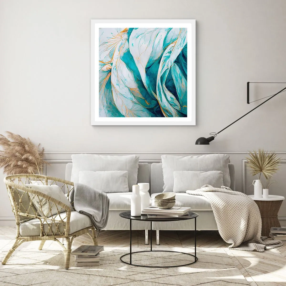 Plagát v bielom ráme - Modrá abstrakcia so zlatým motívom - 60x60 cm