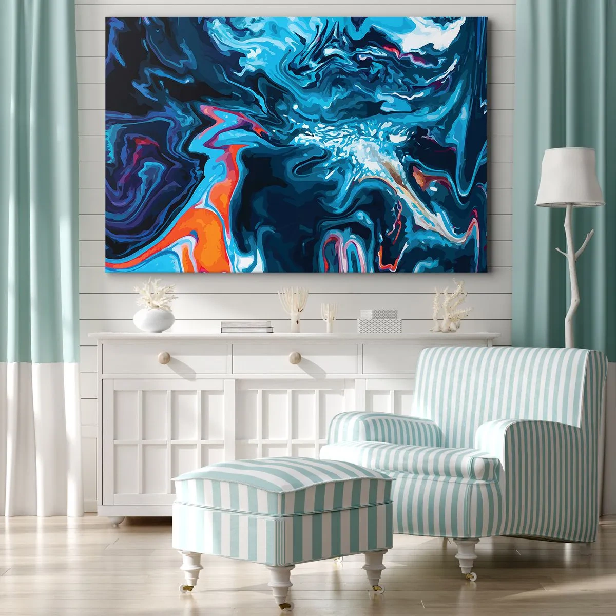 Obraz na plátne - Abstraktný vzor v odtieňoch modrej s oranžovými akcentmi. - 70x50cm - Cesta do stredu neba - Moderná nástenná dekorácia do obývacej izby a spálne ARTTOR