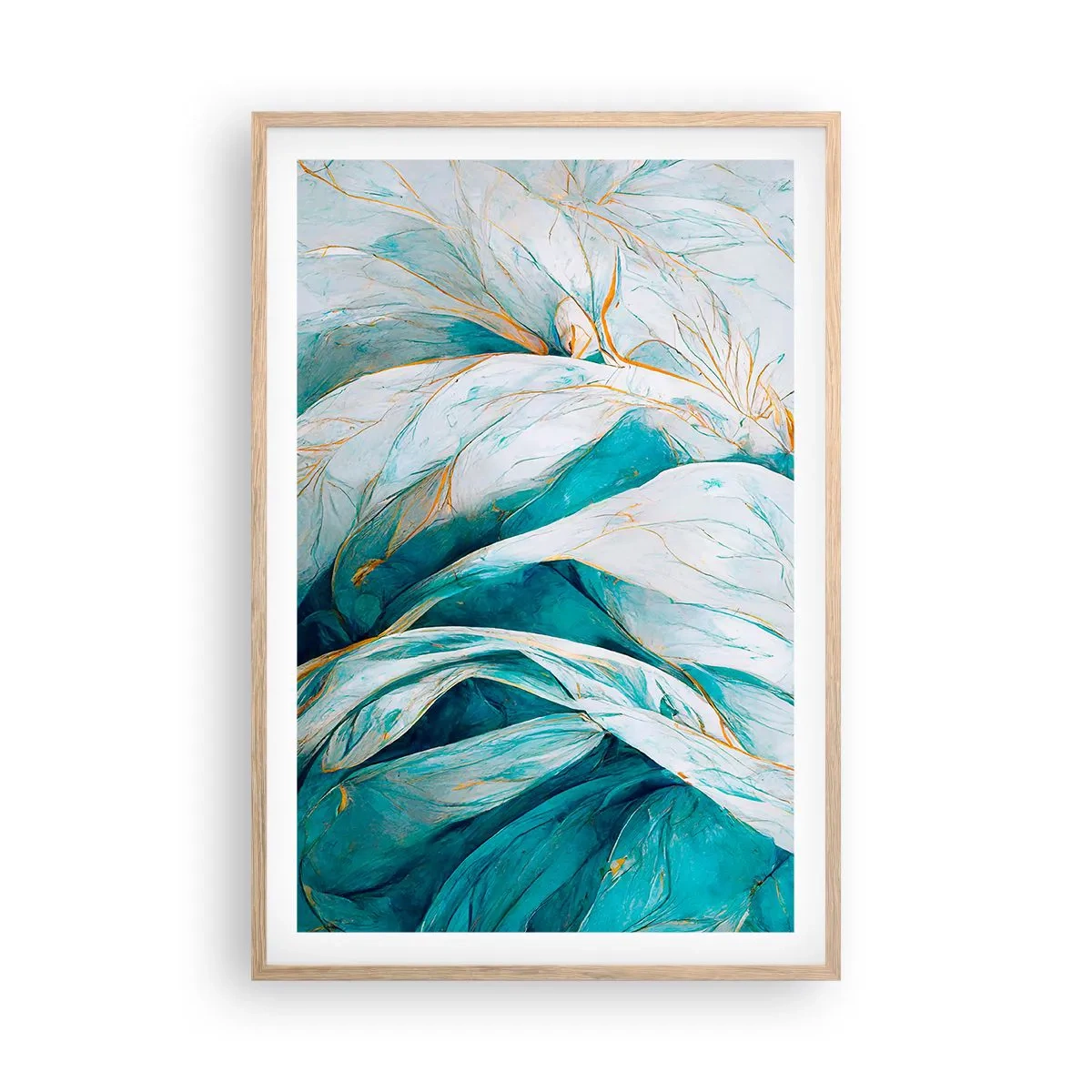 Plagát v ráme zo svetlého duba - Modrá abstrakcia so zlatým motívom - 61x91 cm