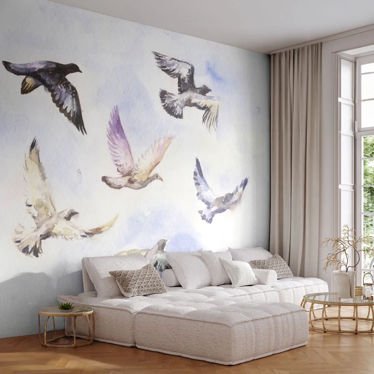 Samolepiaca Fototapeta Deluxe Sticker - Sloboda v šedej a modrej - Vtáky, Grafika, Kus - 250x175 cm
