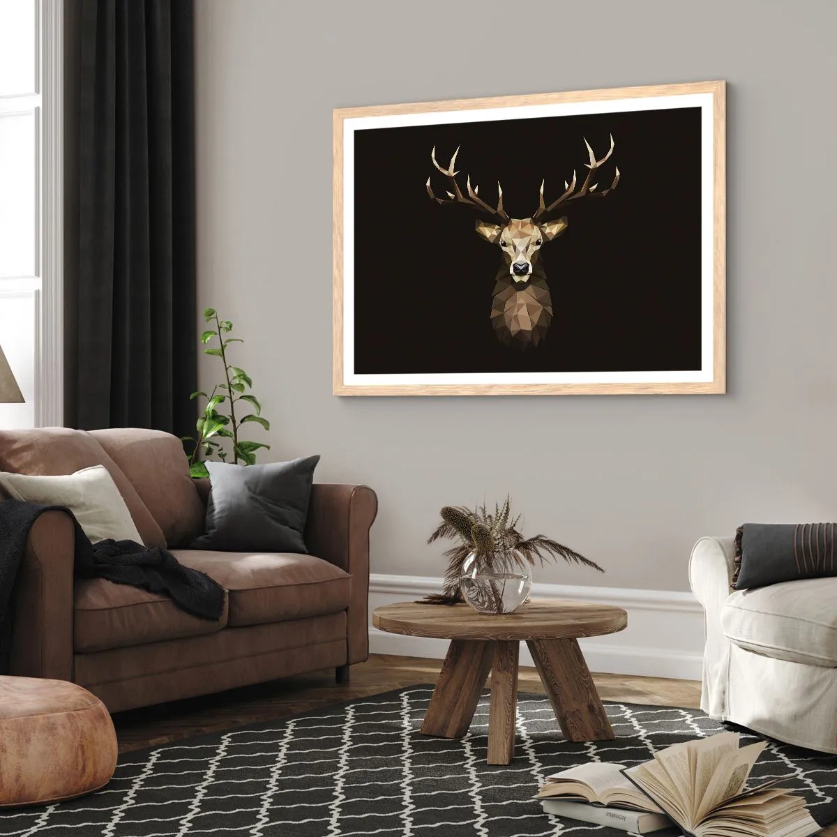Plagát v ráme zo svetlého duba - Kubistický jeleň - 50x40 cm