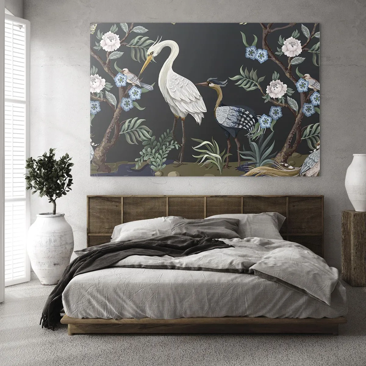Obraz na skle - Farebné vtáky medzi kvitnúcimi konármi na tmavom pozadí - 70x50cm - Vtáčí sprievod - Moderná nástenná dekorácia do obývacej izby a spálne ARTTOR
