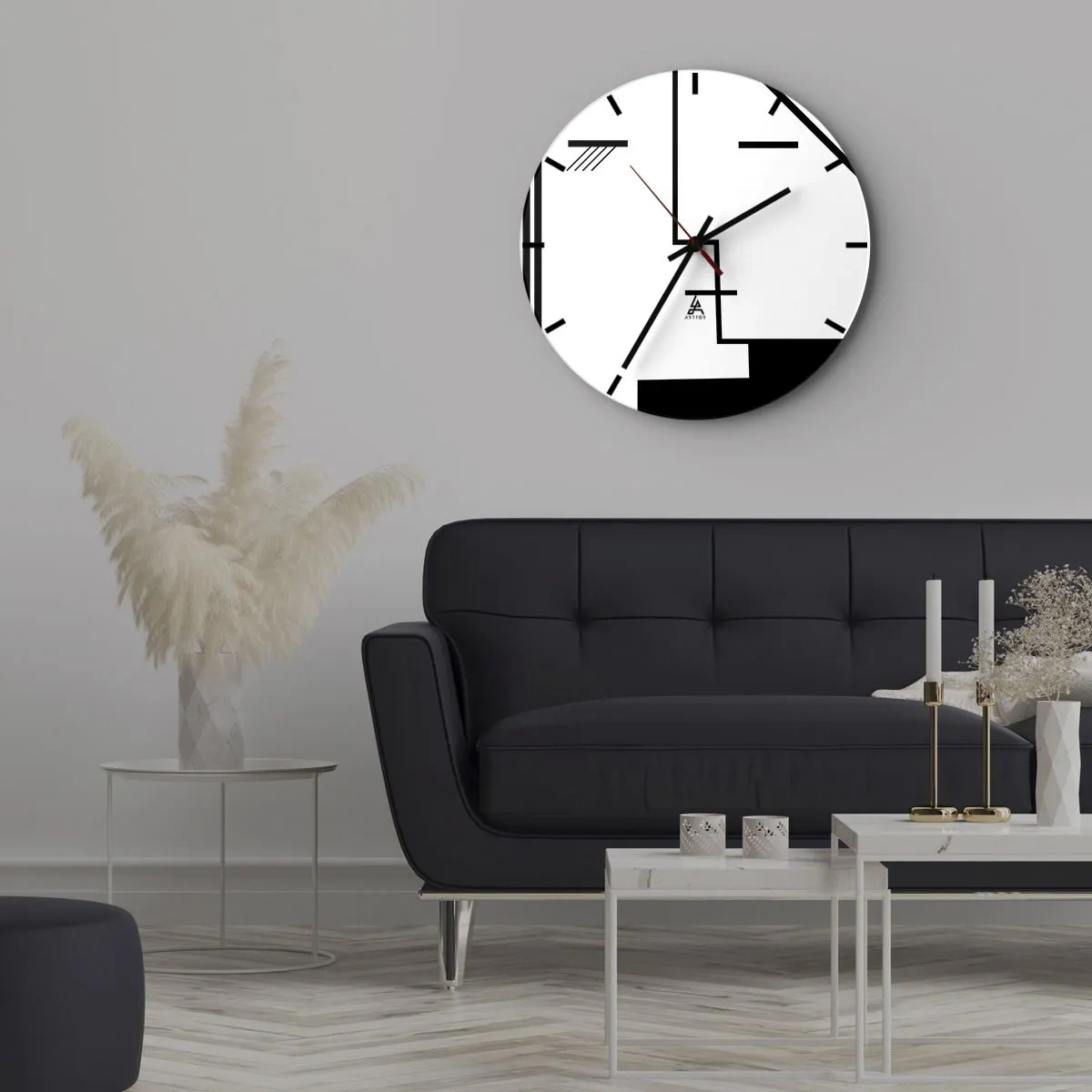 Nástenné hodiny - Minimalistická čiernobiela grafika s geometrickými čiarami - 30x30cm - Proste bozk - Moderná nástenná dekorácia do obývacej izby, kuchyne a spálne ARTTOR