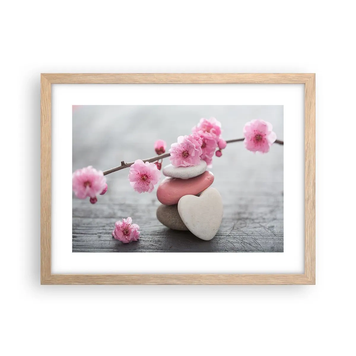 Plagát v ráme zo svetlého duba - Blaženosť s višňovým kvetom - 40x30 cm