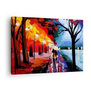 Obraz na plátne - Jesenná prechádzka po chodníku s výhľadom na vodu - 70x50cm - Horúca jeseň v parku - Moderná nástenná dekorácia do obývacej izby a spálne ARTTOR