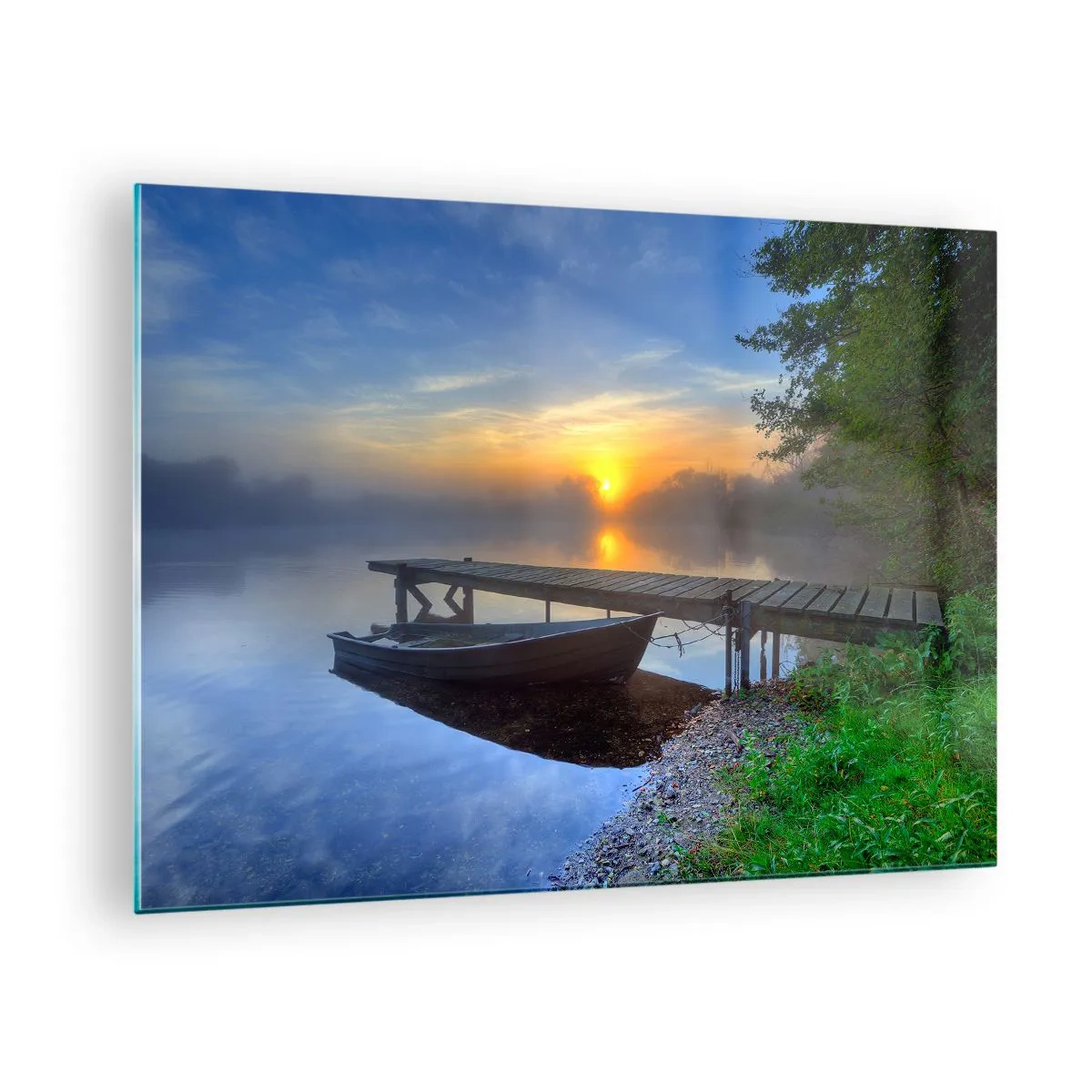 Obraz na skle - Loď na móle pri východe slnka na jazere - 70x50cm - Ako sa obyčajné mení na kúzelné - Moderná nástenná dekorácia do obývacej izby a spálne ARTTOR