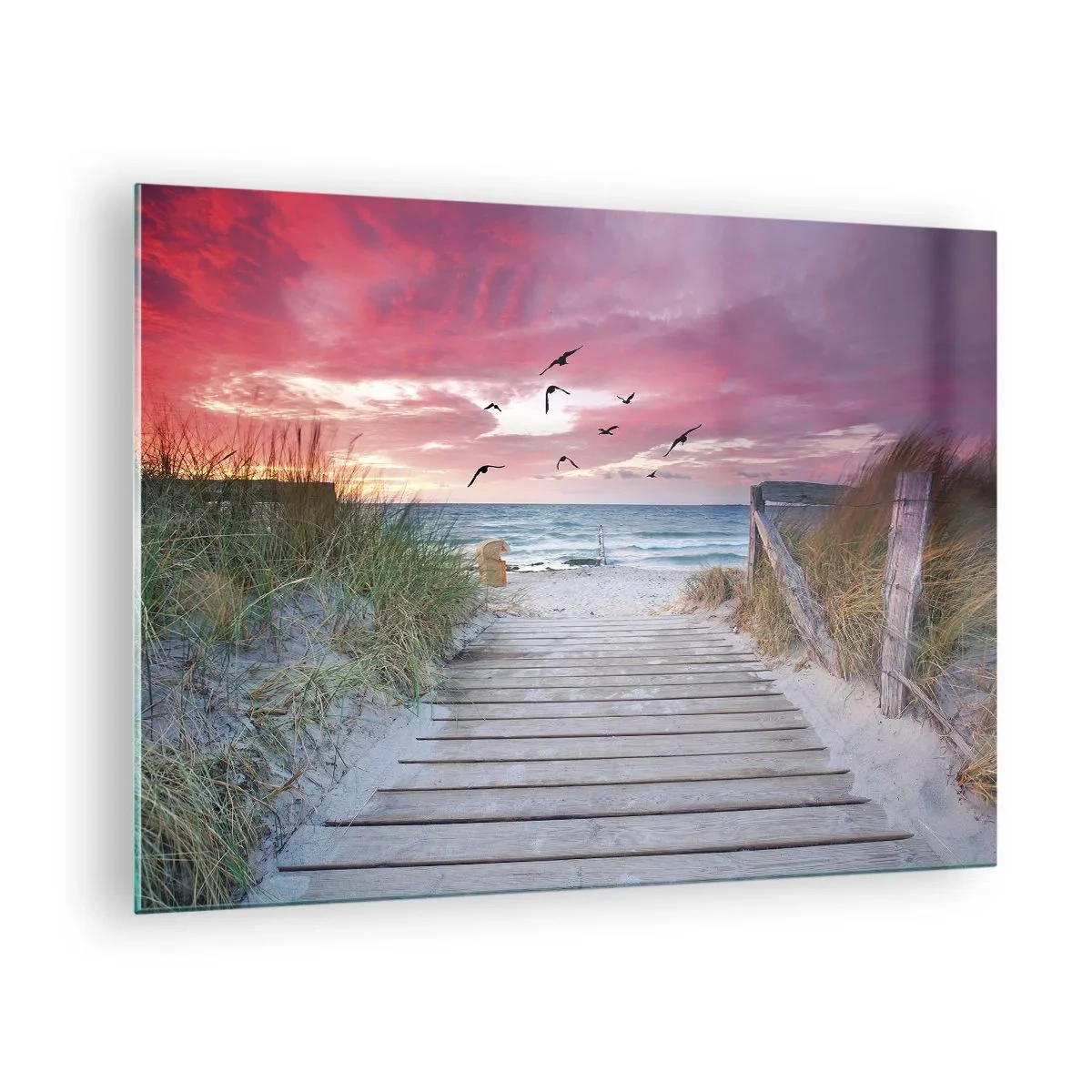 Obraz na skle - Cesta k pláži pri západe slnka s lietajúcimi vtákmi - 70x50cm - Baltská impresia - Moderná nástenná dekorácia do obývacej izby a spálne ARTTOR