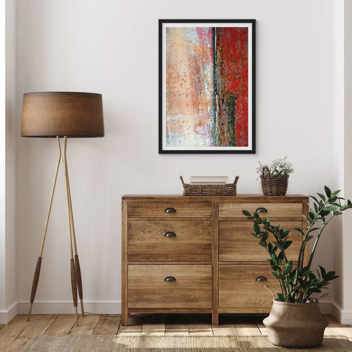 Plagát v čiernom ráme - Abstraktná textúra s odreninami v červenej a béžovej farbe - 50x70cm - Možno je to more - Moderná nástenná dekorácia do obývacej izby a spálne ARTTOR
