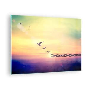 Obraz na skle - Vtáky za letu na pozadí reťaze a západu slnka - 70x50cm - Víťazstvo slobody - Moderná nástenná dekorácia do obývacej izby a spálne ARTTOR