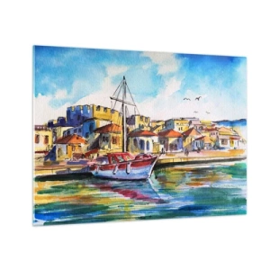 Obraz na skle - Farebný prístav s plachetnicou a stredomorskou architektúrou - 70x50cm - Dúhové popoludnie - Moderná nástenná dekorácia do obývacej izby a spálne ARTTOR