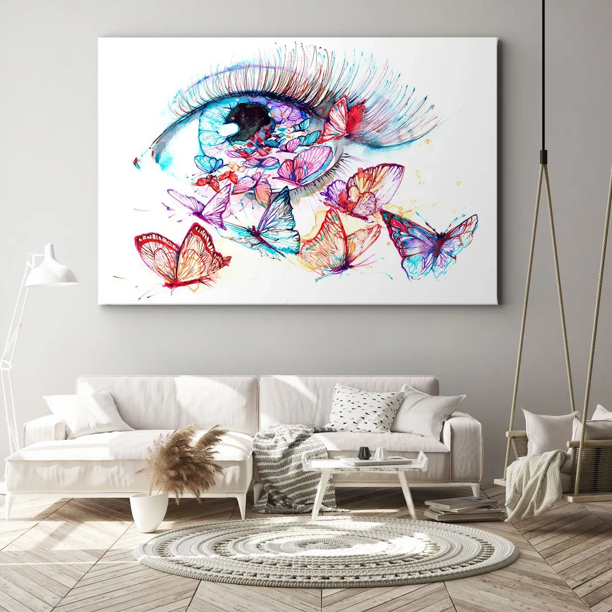 Obraz na plátne - Akvarelové oko obklopené farebnými motýľmi - 70x50cm - Rozprávkové kúzlo očí - Moderná nástenná dekorácia do obývacej izby a spálne ARTTOR