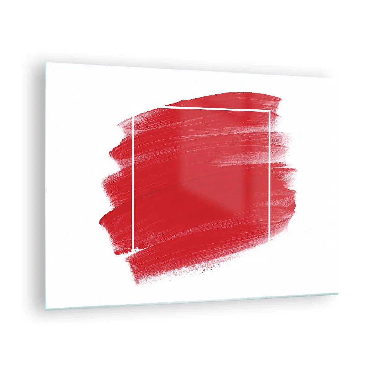 Obraz na skle - Abstraktná červená škvrna s bielym rámom - 70x50cm - Mimo rám - Moderná nástenná dekorácia do obývacej izby a spálne ARTTOR