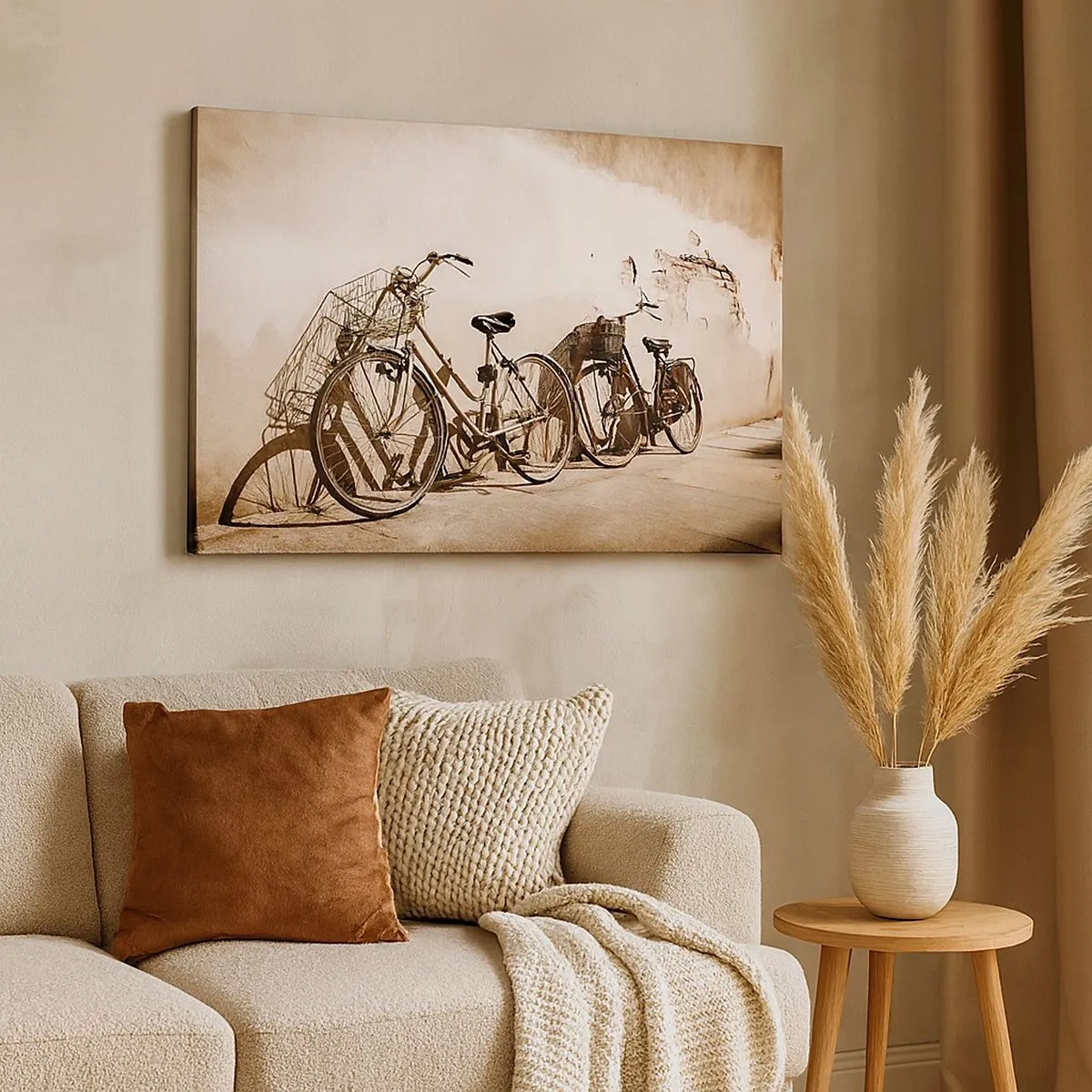 Obraz na plátne - Dva bicykle opreté o starú stenu v retro štýle - 70x50cm - Nezabudnuteľné kúzlo minulosti - Moderná nástenná dekorácia do obývacej izby a spálne ARTTOR