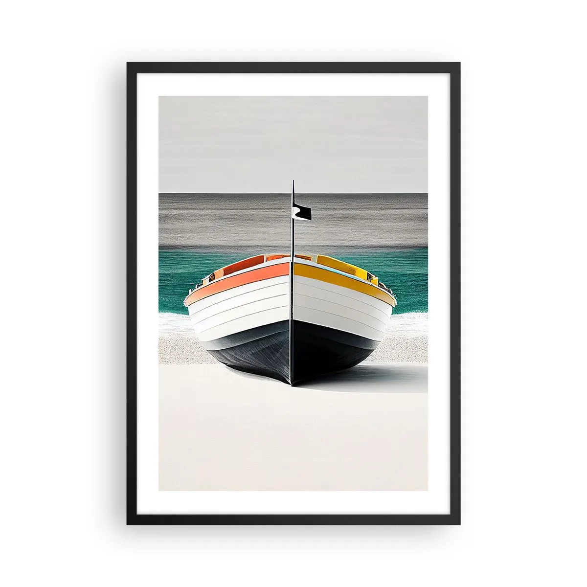 Plagát v čiernom ráme - Farebná fotografia lode na pozadí mora a piesku. - 50x70cm - Na správnom mieste - Moderná nástenná dekorácia do obývacej izby a spálne ARTTOR