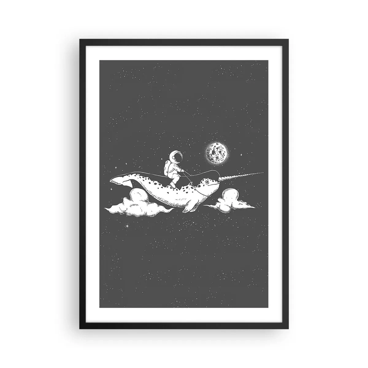 Plagát v čiernom ráme - Astronaut na chrbte narvala vo vesmíre - 50x70cm - Vesmírny jazdec - Moderná nástenná dekorácia do obývacej izby a spálne ARTTOR