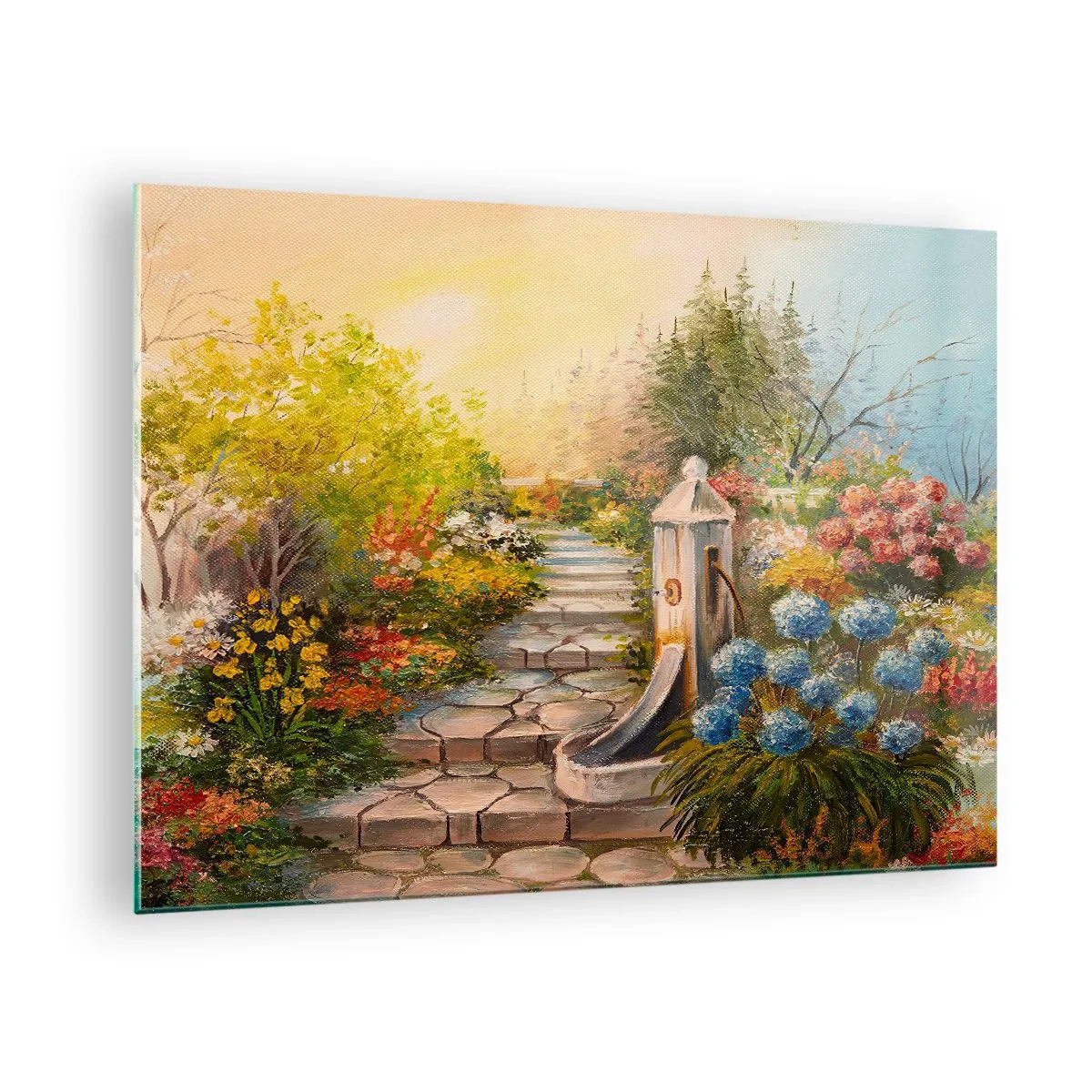 Obraz na skle - Kvetinová záhrada s fontánou v plnom kvete - 70x50cm - V plnom rozkvete - Moderná nástenná dekorácia do obývacej izby a spálne ARTTOR
