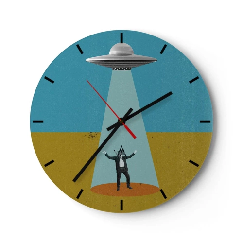 Nástenné hodiny - Muž osvetlený lúčom UFO na púštnom pozadí. - 30x30cm - Blízke stretnutie - Moderná nástenná dekorácia do obývacej izby, kuchyne a spálne ARTTOR