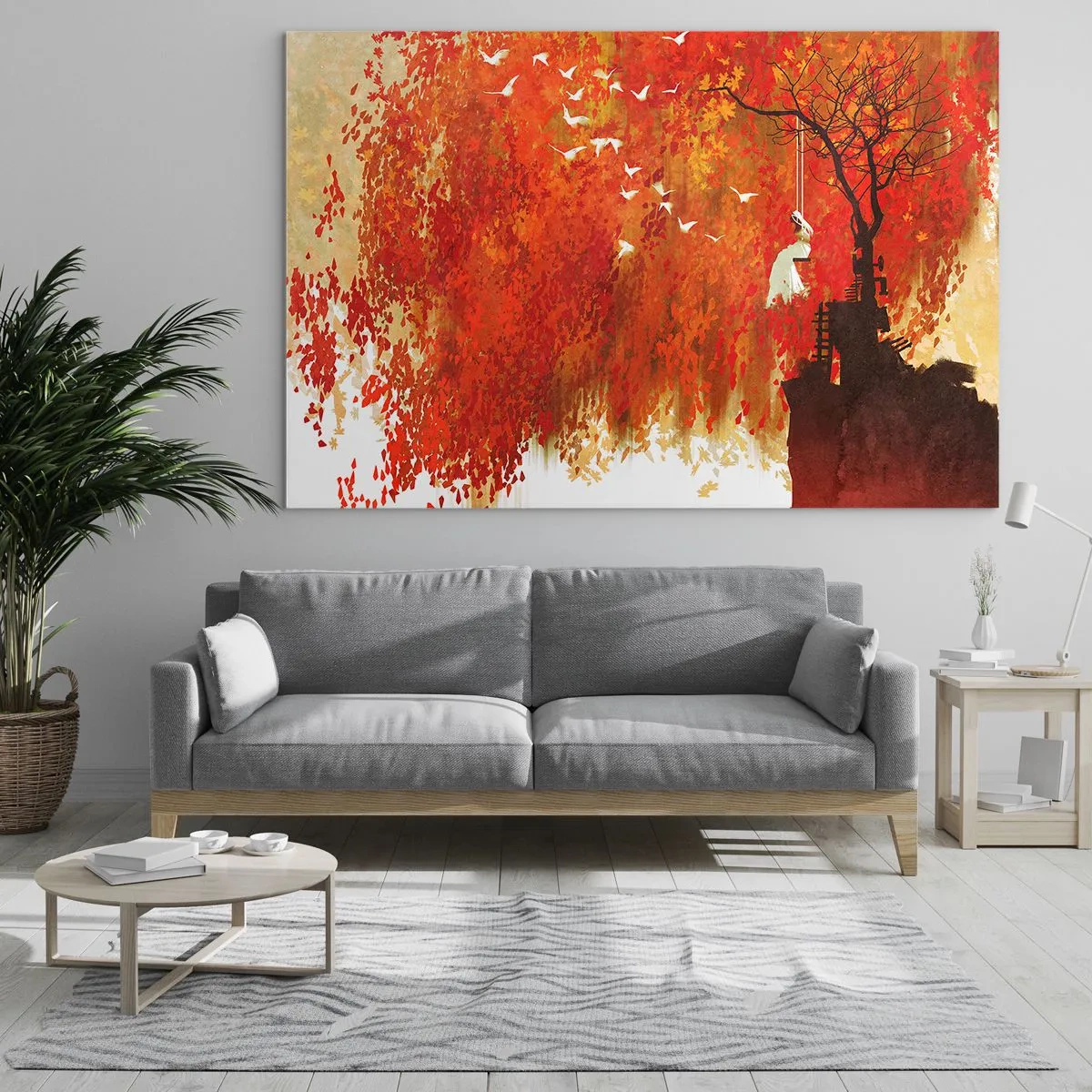 Obraz na skle - Červené listy, osamelý strom a vtáky v jesennej scenérii - 70x50cm - Poletí s nimi? - Moderná nástenná dekorácia do obývacej izby a spálne ARTTOR