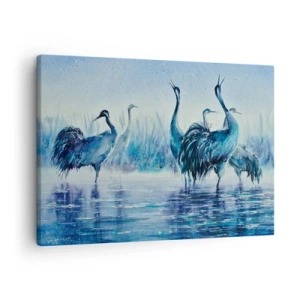 Obraz na plátne - Žeriavy na pozadí hmly a vody v modrých tónoch - 70x50cm - Ranné stretnutie - Moderná nástenná dekorácia do obývacej izby a spálne ARTTOR
