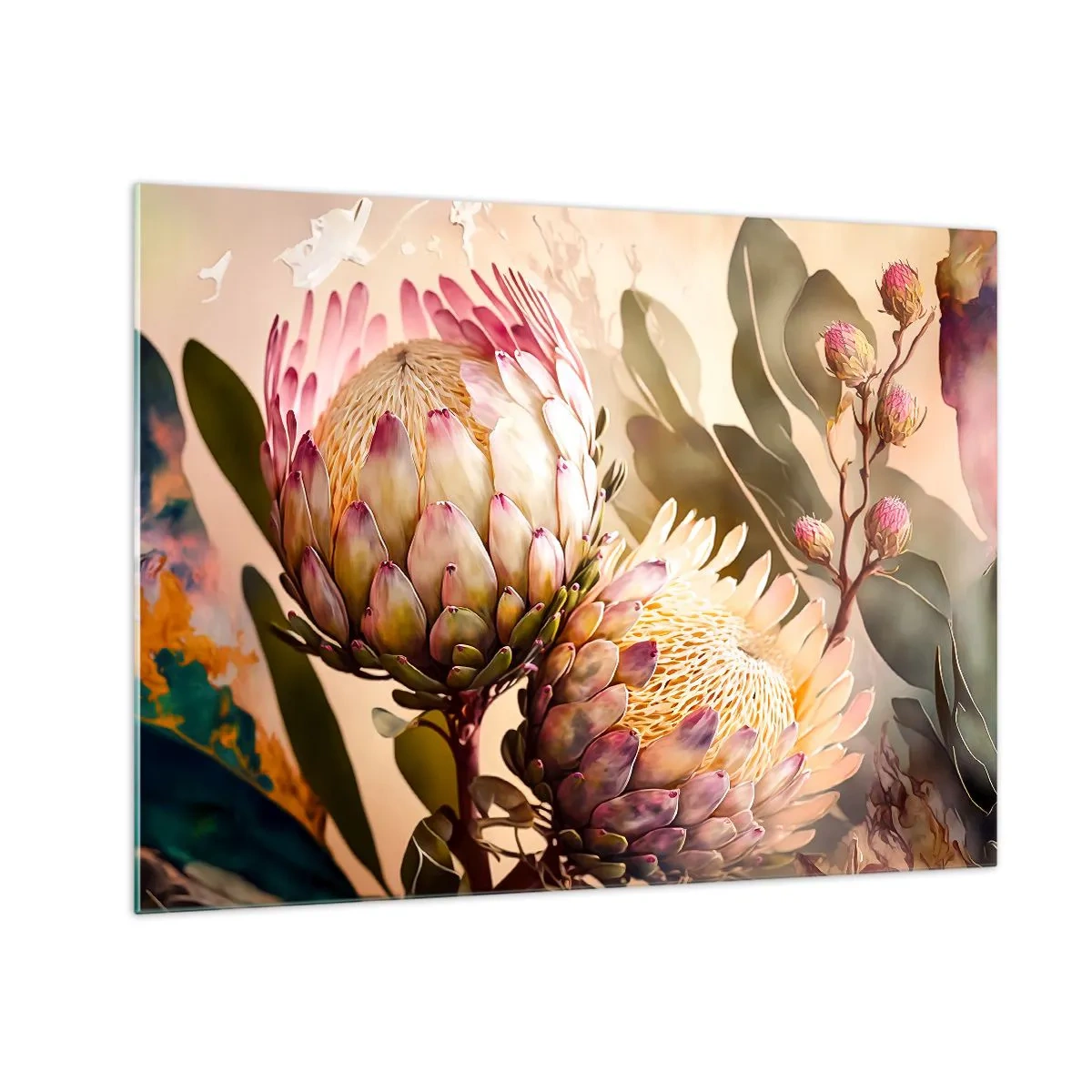 Obraz na skle - Kvety protey v teplých tónoch a jemnom svetle - 70x50cm - Nežne objaté - Moderná nástenná dekorácia do obývacej izby a spálne ARTTOR