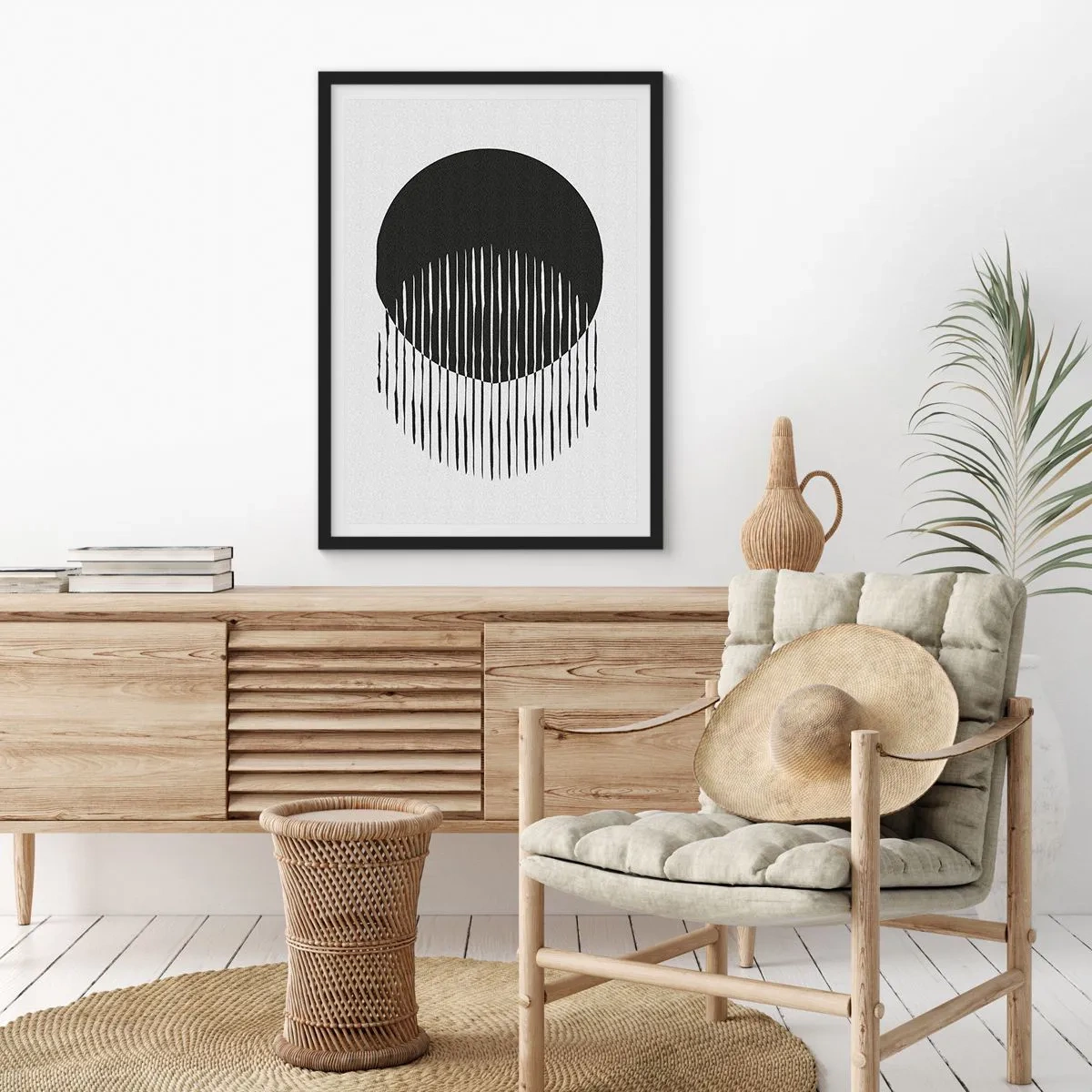 Plagát v čiernom ráme - Abstraktná kompozícia čierneho kruhu a zvislých čiar - 50x70cm - Jeho alter ego - Moderná nástenná dekorácia do obývacej izby a spálne ARTTOR