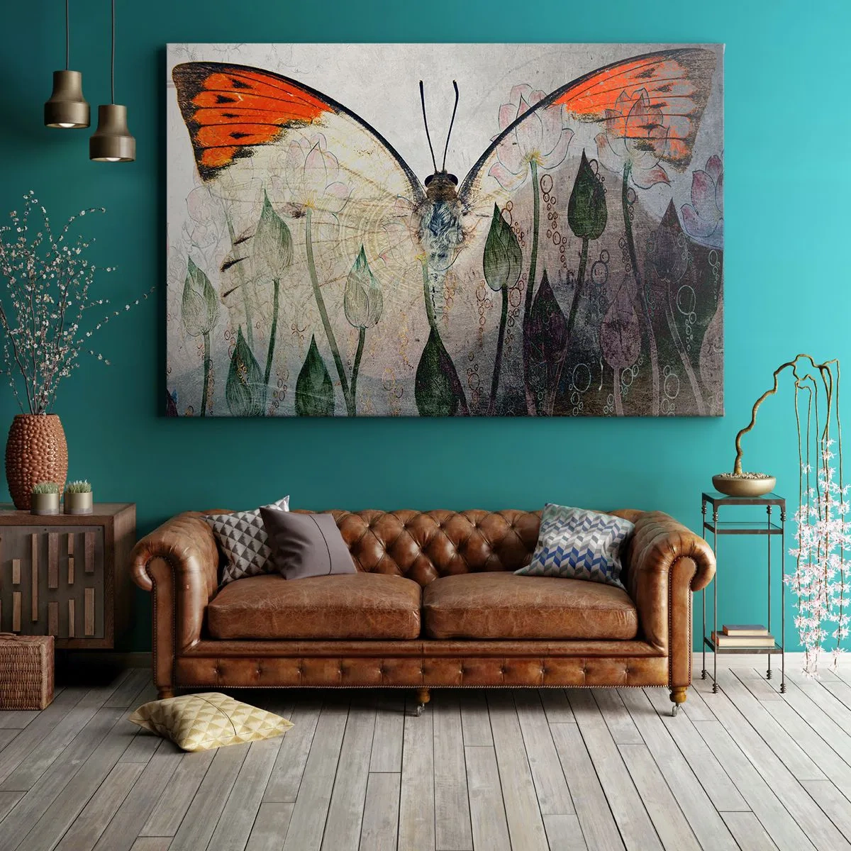 Obraz na plátne - Motýľ s oranžovými krídlami na pozadí štylizovaných kvetov. - 70x50cm - „Kde sa motýľ hojdá na tráve“ - Moderná nástenná dekorácia do obývacej izby a spálne ARTTOR