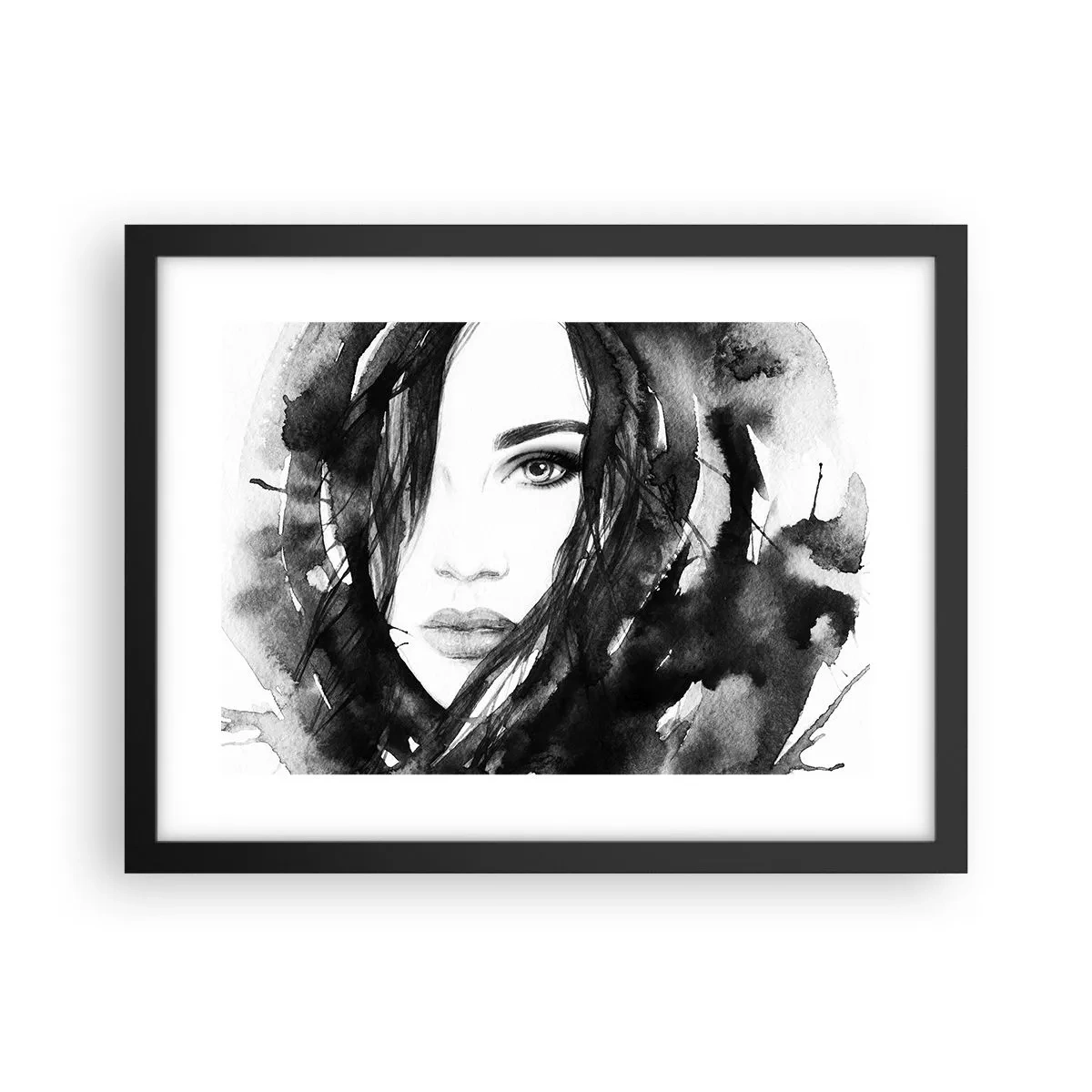 Plagát v čiernom ráme - Portrét dámy v čiernej a bielej - 40x30 cm