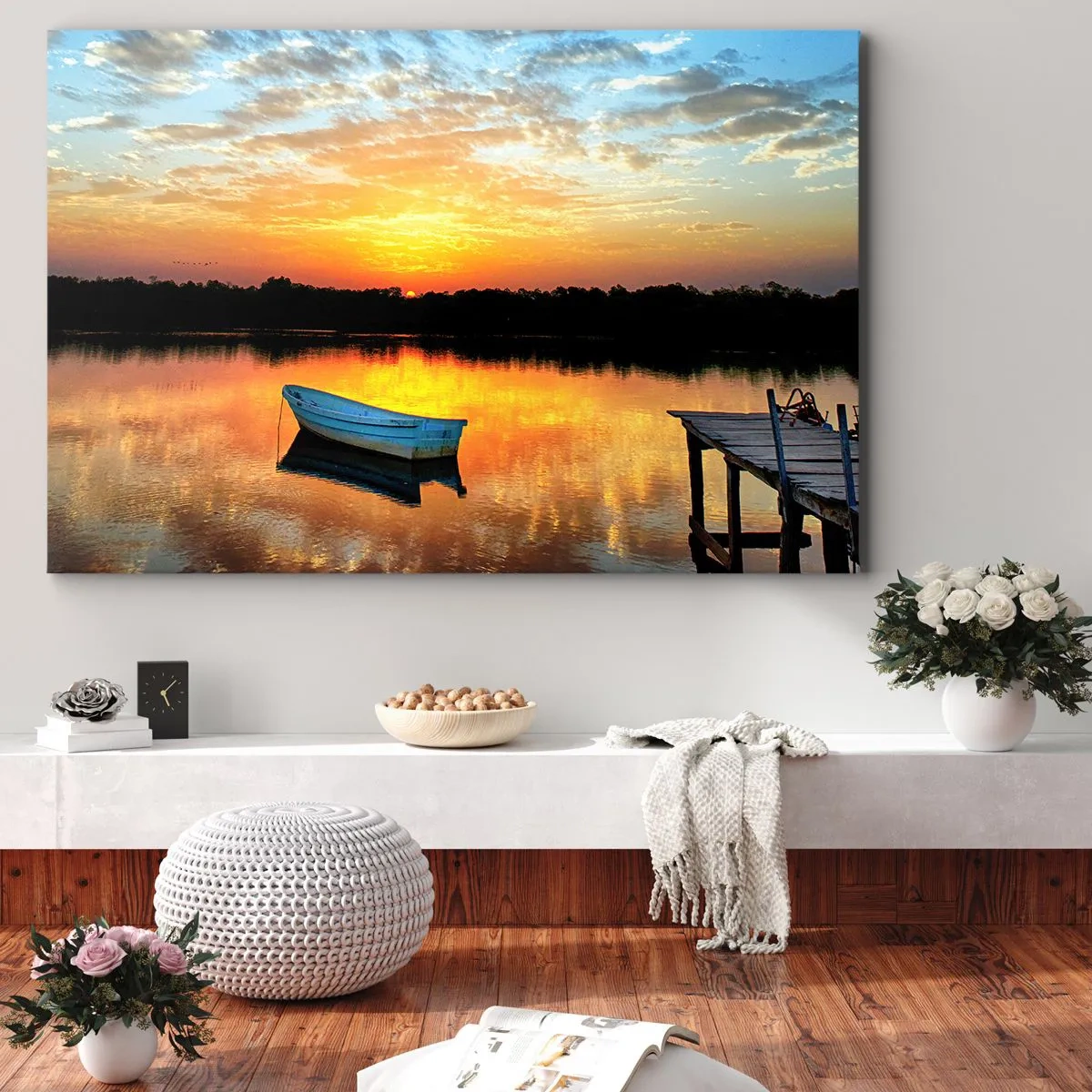 Obraz na plátne - Loď na pokojnom jazere pri západe slnka - 70x50cm - Pozri, počúvaj, medituj - Moderná nástenná dekorácia do obývacej izby a spálne ARTTOR
