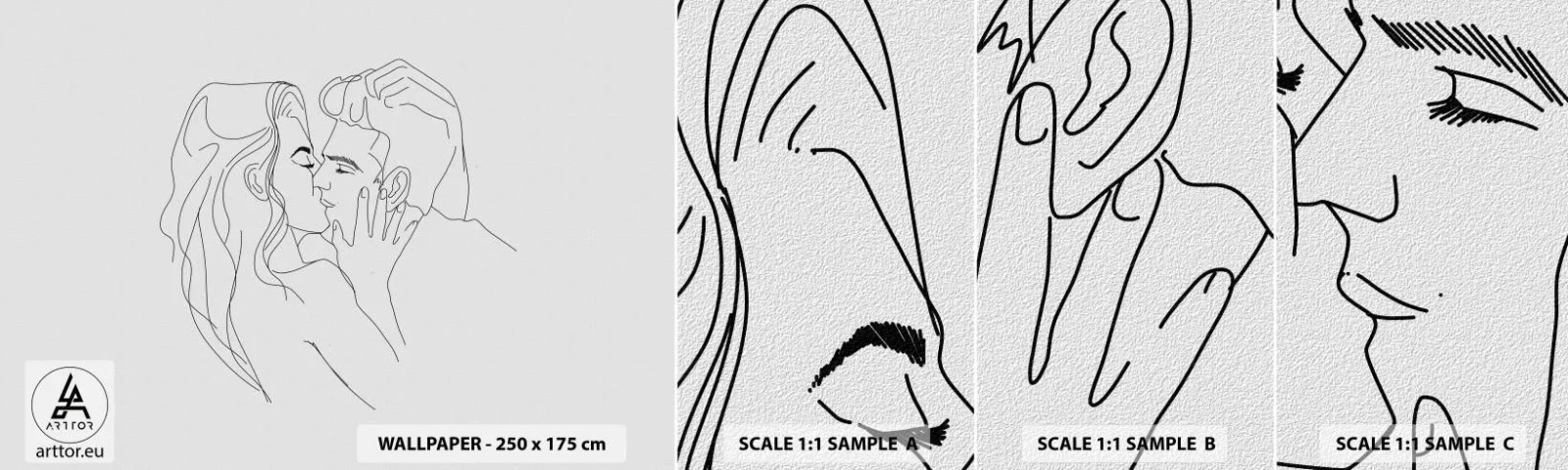 Vzorka samolepiacej fototapety Deluxe Sticker - Jedným ťahom - Grafika, Zamilovaný pár, Bozk - 100x30 cm