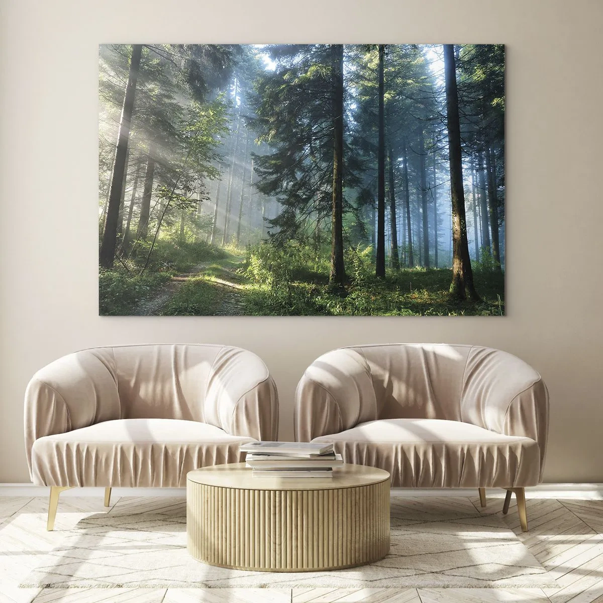 Obraz na skle - Lesný chodník v rannej hmle medzi vysokými stromami - 70x50cm - Žiariaci za úsvitu - Moderná nástenná dekorácia do obývacej izby a spálne ARTTOR