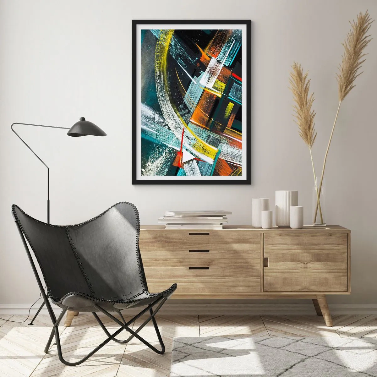 Plagát v čiernom ráme - Abstrakcia v intenzívnych farbách s geometrickými tvarmi - 50x70cm - Energia pohybu - Moderná nástenná dekorácia do obývacej izby a spálne ARTTOR