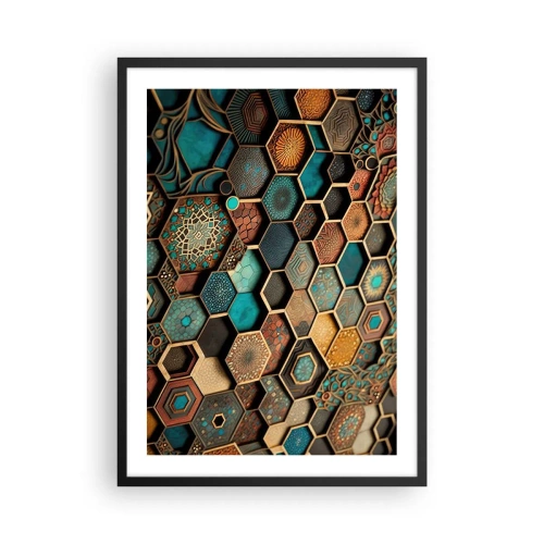 Plagát v čiernom ráme - Geometrická kompozícia šesťuholníkov v zlatej a tyrkysovej palete. - 50x70cm - Arabské ornamenty – variácia - Moderná nástenná dekorácia do obývacej izby a spálne ARTTOR