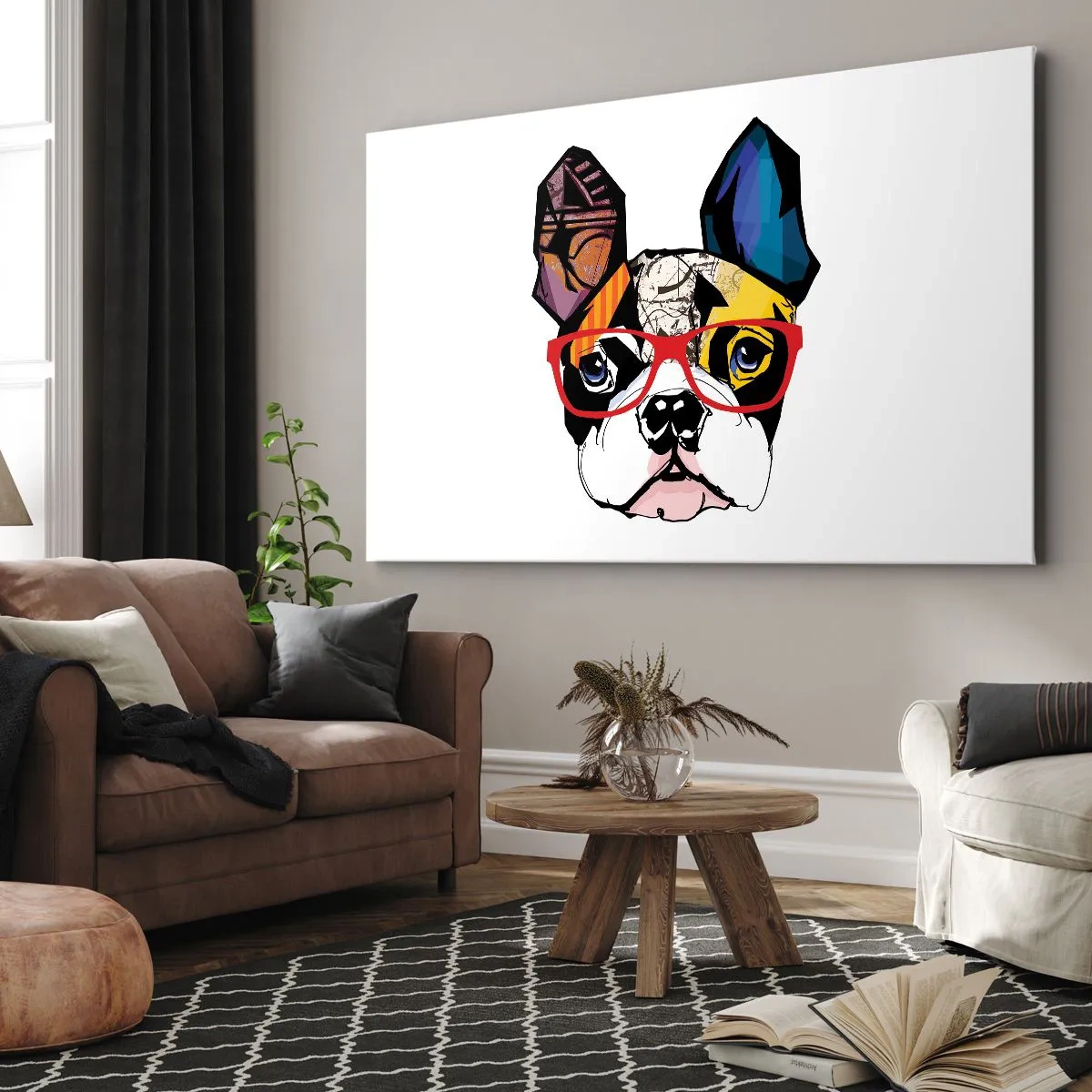 Obraz na plátne - Buldog na farebnej ilustrácii s červenými okuliarmi - 70x50cm - Intelektuál - Moderná nástenná dekorácia do obývacej izby a spálne ARTTOR